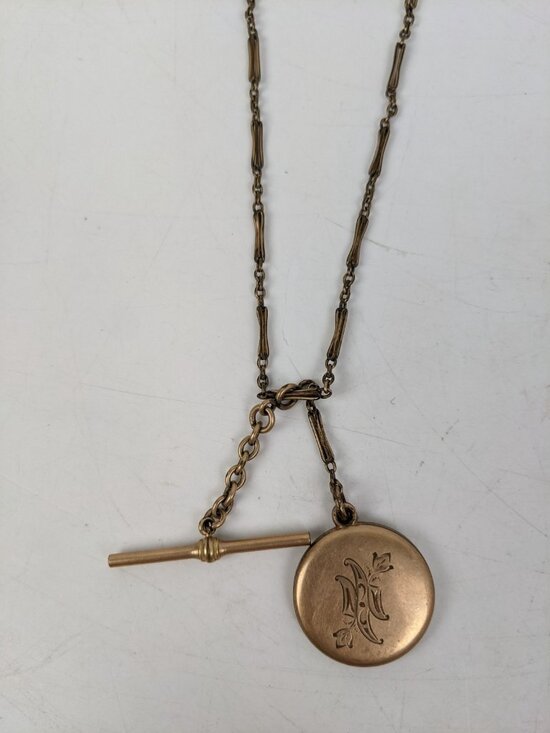Vintage Antique Victorian? Gold Tone Pocket Watch Chain Fob Bar Floral Locket main image 9